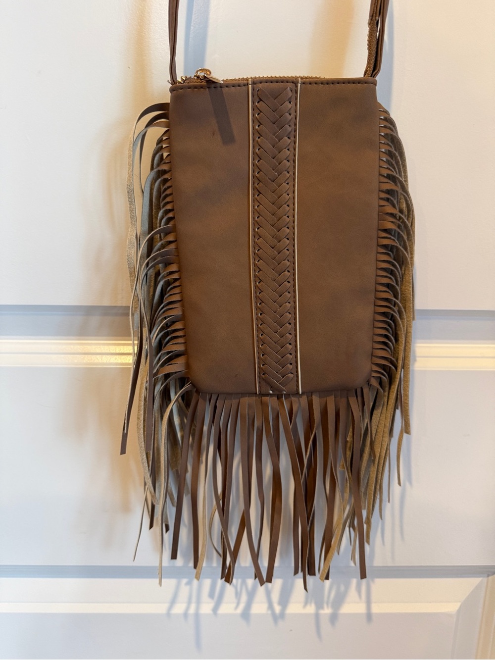 Brown Boho Fringe Crossbody Bag Woven Braided Detail Adjustable Strap
